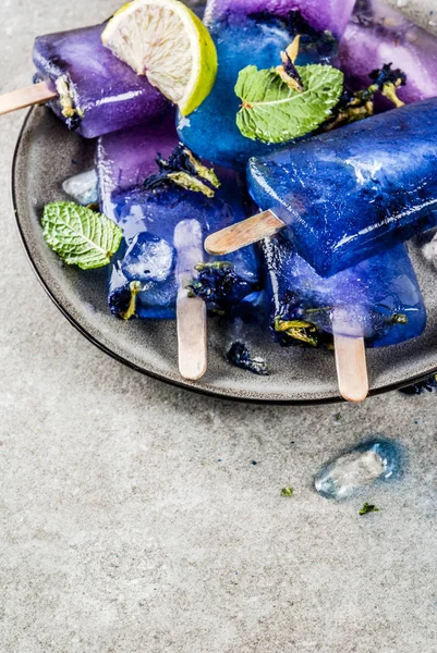 Doğal Organik Yaz Tatlılar Yapımı Mavi Mor Dondurma Dondurmayı Kelebek — Stok fotoğraf