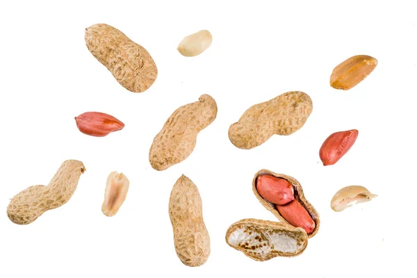 Celku Otevřené Arašídové Ořechy Izolovaných Bílém Pozadí Jednoduchý Vzor — Stock fotografie
