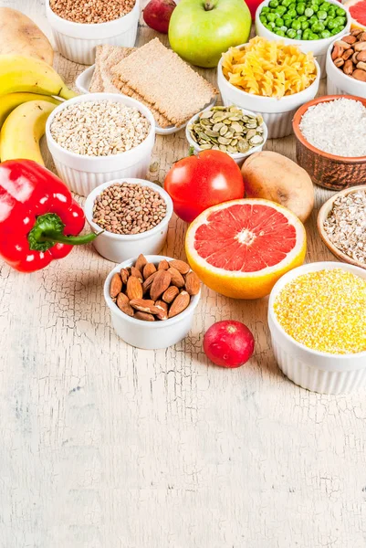 Diyet Gıda Arka Plan Kavramı Sağlıklı Karbonhidratlar Karbonhidrat Ürünler Meyve — Stok fotoğraf