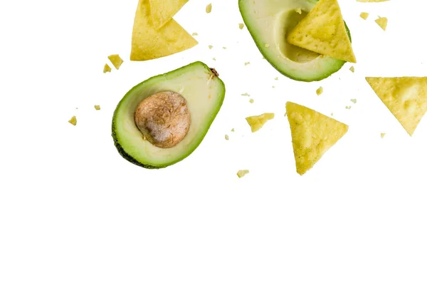 Koncepce Guacamole Nachos Svačinu Avokáda Tortilla Chipsy Mexické Jídlo Bílém — Stock fotografie