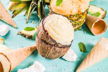 Yaz tatil tatil kavramı, ananas, greyfurt ve Hindistan cevizi çeşitli tropikal dondurma sorbets, donmuş suları ayarla, mavi beton arka plan kopya alanı ışık