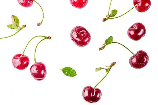 Raw Fresh Cherry Water Drops Simple Pattern Isolated White Background — Stock Photo, Image