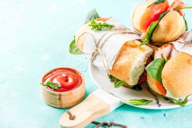 Pastırma, peynir, domates ve ıspanak, açık mavi renkli kopya alanı ile taze baget sandviç