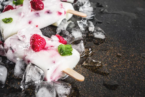 夏の甘いデザート ラズベリーとヨーグルト さびた暗い背景からオーガニック アイス クリーム自家製アイスキャンディーをコピー スペース — ストック写真