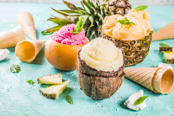 Concepto Vacaciones Verano Establecer Varios Sorbetes Helado Tropical Zumos Congelados — Foto de Stock