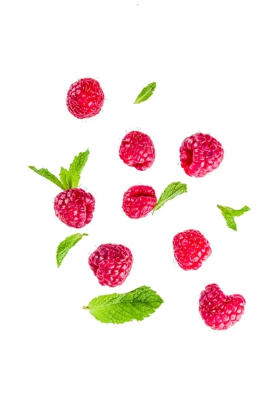 Creative Layout Background Fresh Berries Simple Pattern White Background Raspberry — Stock Photo, Image