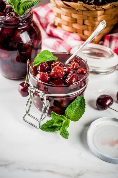 Homemade Preserved Cherry Mint Jam Fresh Cherries White Marble Background — Stock Photo, Image