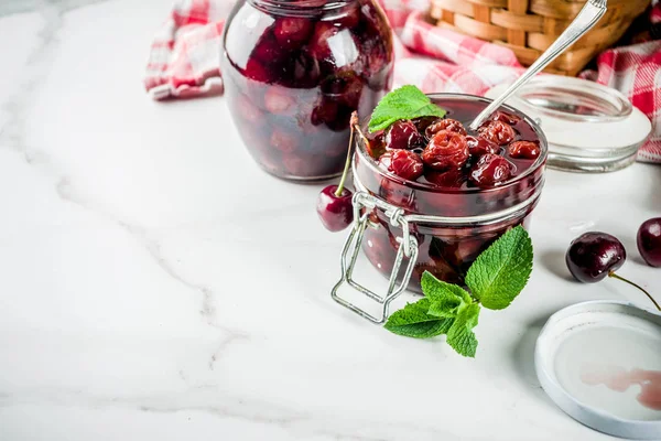 Homemade Preserved Cherry Mint Jam Fresh Cherries White Marble Background — Stock Photo, Image