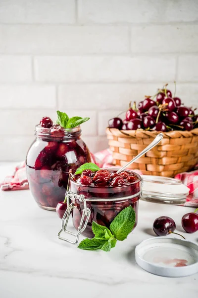 Homemade Preserved Cherry Mint Jam Fresh Cherries White Marble Background — Stock Photo, Image