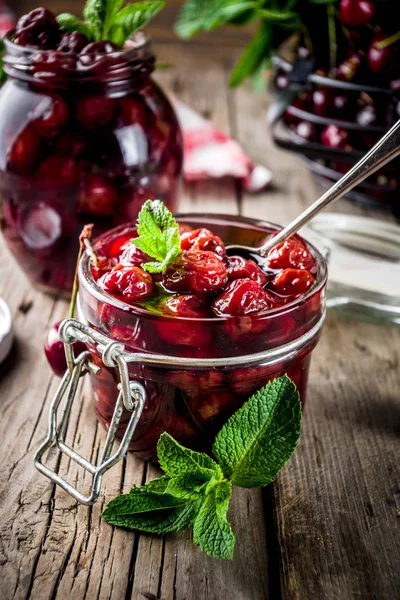 Homemade Preserved Cherry Mint Jam Fresh Cherries Rustic Old Wooden — Stock Photo, Image