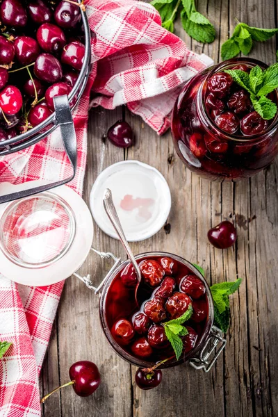 Homemade Preserved Cherry Mint Jam Fresh Cherries Rustic Old Wooden — Stock Photo, Image