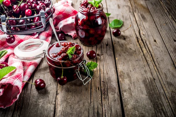 Homemade Preserved Cherry Mint Jam Fresh Cherries Rustic Old Wooden — Stock Photo, Image