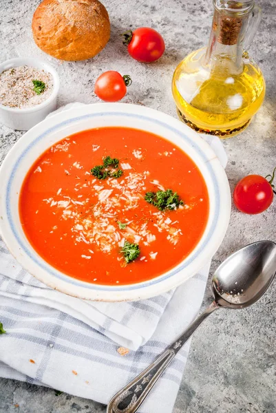 Domates çorbası, kopya alanı malzemelerle gri taş zemin üzerine beyaz Gazpacho kase
