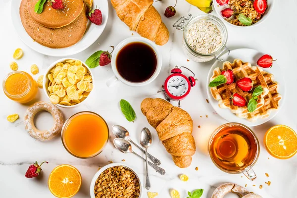 Sano Concetto Prima Colazione Vari Piatti Del Mattino Frittelle Waffle — Foto Stock