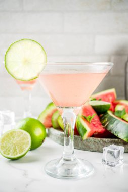 Beyaz mermer arka plan kopya alanı yaz alkollü içecekler, taze limon ve nane, karpuz martini kokteyl