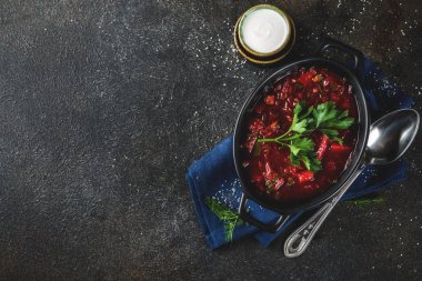 Ukraynalı Rus geleneksel sıcak yemek - Yeşiller, sarımsak, çavdar ekmeği, kopya alanı üzerinde karanlık bir tablo ile borsch çorbası