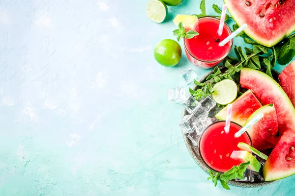 Fruity Summer Cold Drink Homemade Watermelon Juice Smoothie Served Lime — Stock Photo, Image