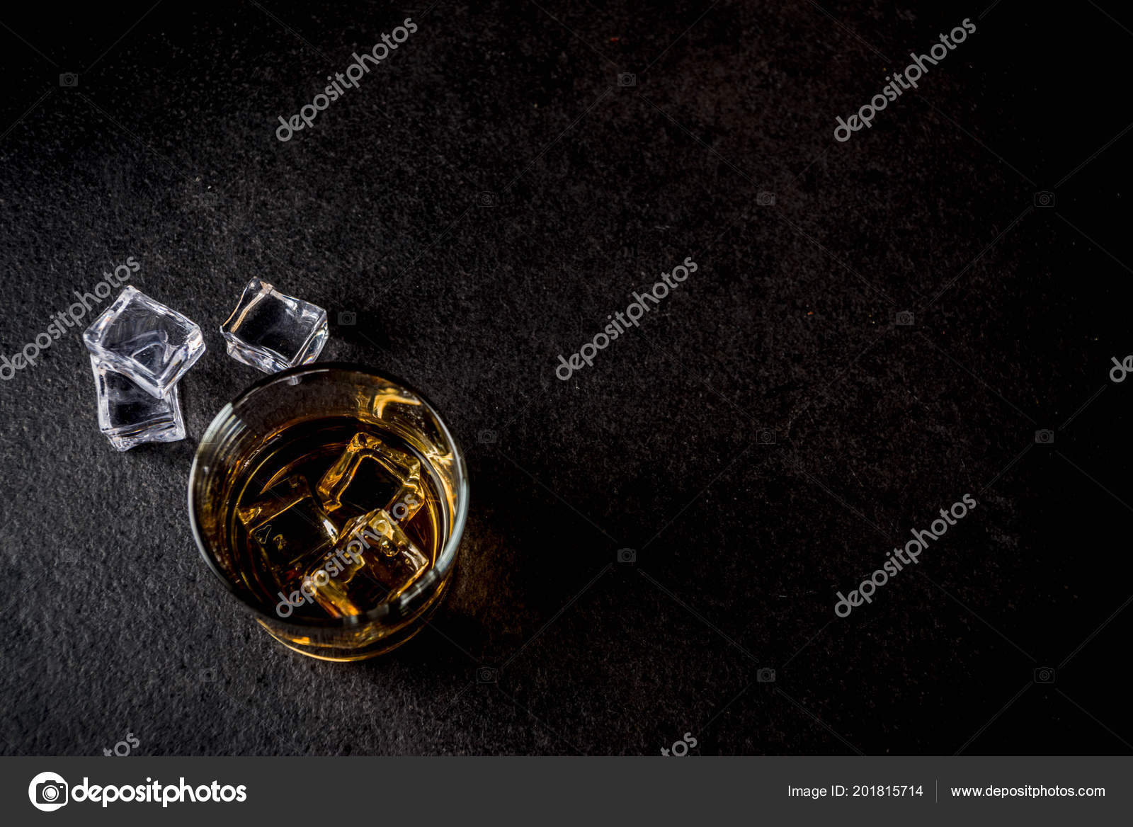 Two Whiskey Shot Glasses Dark Wooden Background Ice Cubes Copy Stock