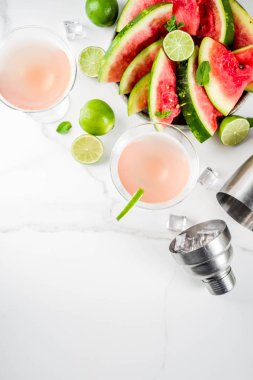 Beyaz mermer arka plan kopya alanı yukarıdaki alkollü yaz içecekler, taze limon ve nane, karpuz martini kokteyl
