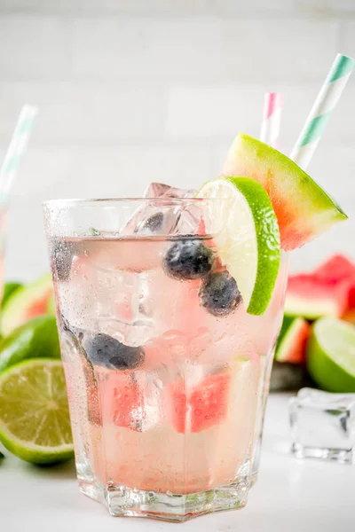 Bevanda Rinfrescante Estiva Cocktail Anguria Limonata Mirtilli Con Lime Menta — Foto Stock