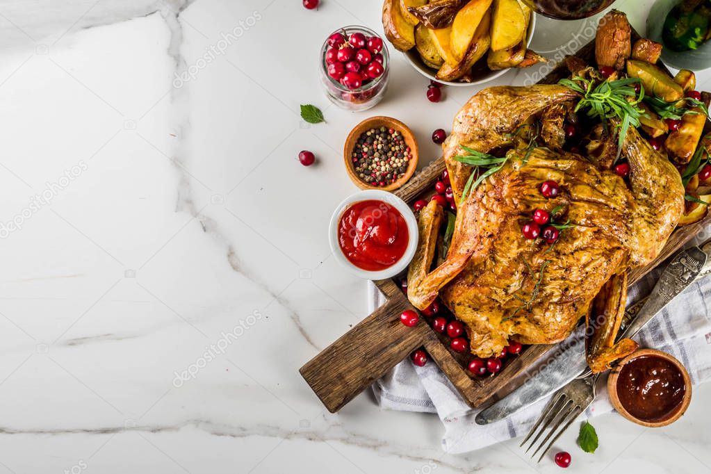 Christmas, thanksgiving food, baked roasted chicken with cranberry and herbs, served with fried vegetables, fresh berries wine and sauces on white marble table, copy space top view