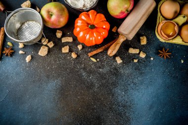 Tatlı sonbahar fırın pişirme arka plan ile un, oklava, dekoratif kabak, elma, tarçın anason kakule şekerle baharatlar. Koyu mavi paslı arka plan üstten görünüm kopya alanı
