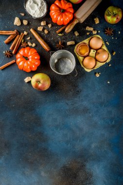 Tatlı sonbahar fırın pişirme arka plan ile un, oklava, dekoratif kabak, elma, tarçın anason kakule şekerle baharatlar. Koyu mavi paslı arka plan üstten görünüm kopya alanı