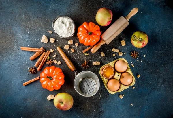 Tatlı sonbahar fırın pişirme arka plan ile un, oklava, dekoratif kabak, elma, tarçın anason kakule şekerle baharatlar. Koyu mavi paslı arka plan üstten görünüm kopya alanı