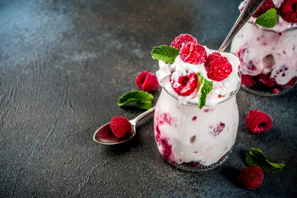 Colazione Sana Dessert Alla Panna Yogurt Gelato Con Lamponi Freschi — Foto Stock
