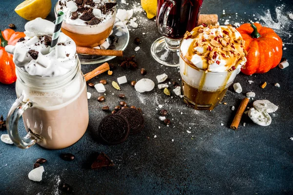 Őszi Téli Meleg Italok Forró Csokoládé Tök Latte Karamell Mogyoró — Stock Fotó