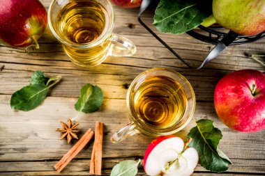 Ev yapımı elma tarçın ve anason baharatlarla, ahşap rustik arka plan kopya alanı üzerinde taze elma ile