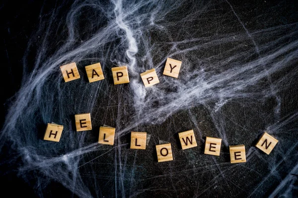 Conceito Halloween Fundo Escuro Parede Velha Com Teias Aranha Fundo — Fotografia de Stock