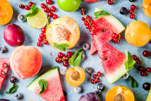 Summer Vitamin Food Concept Various Fruit Berries Watermelon Peach Mint — Stock Photo, Image
