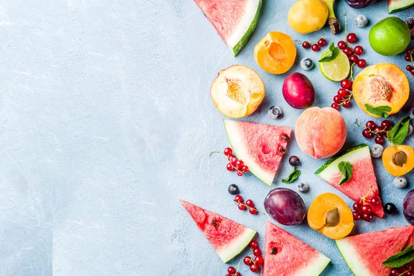 Summer Vitamin Food Concept Various Fruit Berries Watermelon Peach Mint — Stock Photo, Image