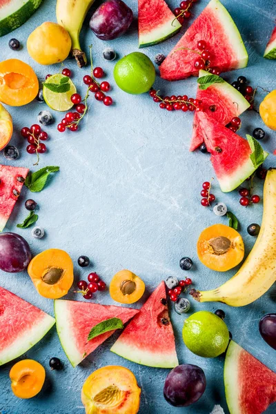 Summer Vitamin Food Concept Various Fruit Berries Watermelon Peach Mint — Stock Photo, Image