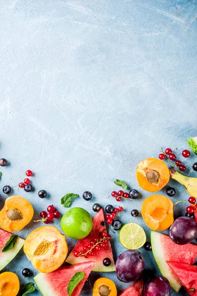 Summer Vitamin Food Concept Various Fruit Berries Watermelon Peach Mint — Stock Photo, Image