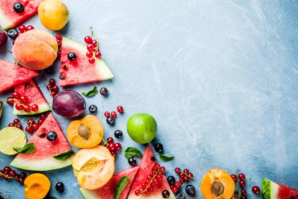 Summer Vitamin Food Concept Various Fruit Berries Watermelon Peach Mint — Stock Photo, Image