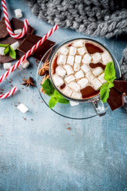 Nane, şeker kamışı ve hatmi, sıcak battaniye, kopya alanı ile açık mavi renkli ev yapımı sıcak çikolata
