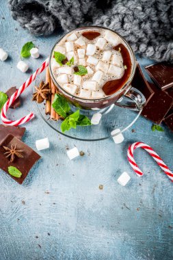 Nane, şeker kamışı ve hatmi, sıcak battaniye, kopya alanı ile açık mavi renkli ev yapımı sıcak çikolata