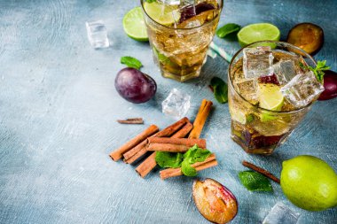 Yaz ferahlık içecek buzlu. Tarçın ve Erik limonata kokteyl ile taze limon ve nane, mavi arka plan boşluk kopyalama