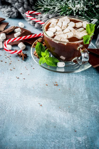 Cioccolata Calda Fatta Casa Con Menta Canna Zucchero Marshmallow Sfondo — Foto Stock