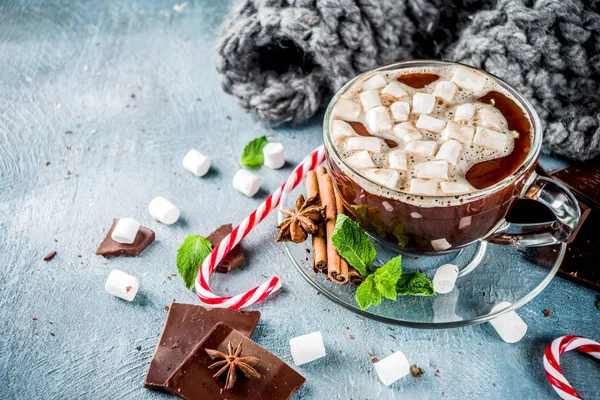 Homemade hot chocolate with mint, candy cane and marshmallow, light blue background with warm blanket, copy space