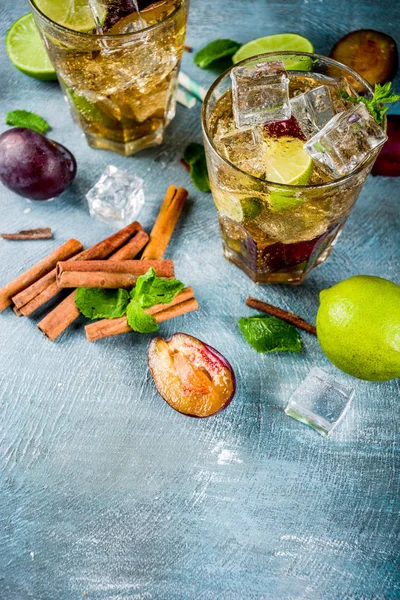 Yaz ferahlık içecek buzlu. Tarçın ve Erik limonata kokteyl ile taze limon ve nane, mavi arka plan boşluk kopyalama