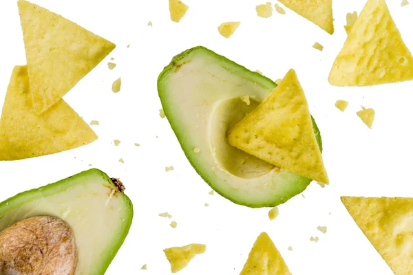 Koncepce Guacamole Nachos Svačinu Avokáda Tortilla Chipsy Mexické Jídlo Bílém — Stock fotografie