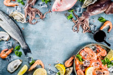 İstiridye midye balık ile baharat otlar limon bir açık mavi renkli kopya alanı üzerinde taze çiğ deniz mahsulleri kalamar karides