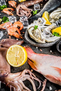 İstiridye midye balık ile baharat otlar limon koyu paslı arka plan kopya alanı üstten görünüm üzerinde taze çiğ deniz mahsulleri kalamar karides