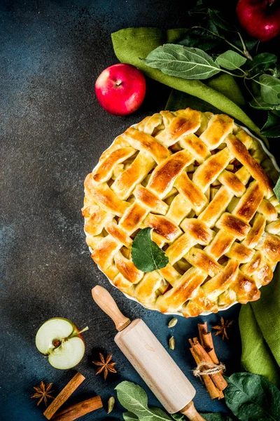 Pâtisserie Traditionnelle Automne Tarte Aux Pommes Maison Cannelle Fond Bleu — Photo