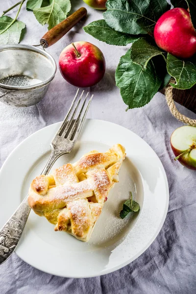 Herfst Traditionele Gebakken Gebakje Zoete Zelfgemaakte Appeltaart Met Verse Appelen — Stockfoto