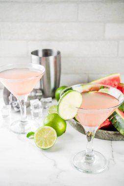 Beyaz mermer arka plan kopya alanı yaz alkollü içecekler, taze limon ve nane, karpuz martini kokteyl