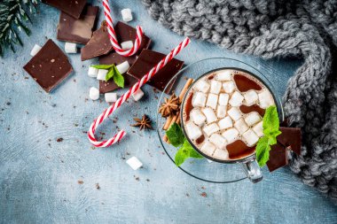 Nane, şeker kamışı ve hatmi, sıcak battaniye, kopya alanı ile açık mavi renkli ev yapımı sıcak çikolata